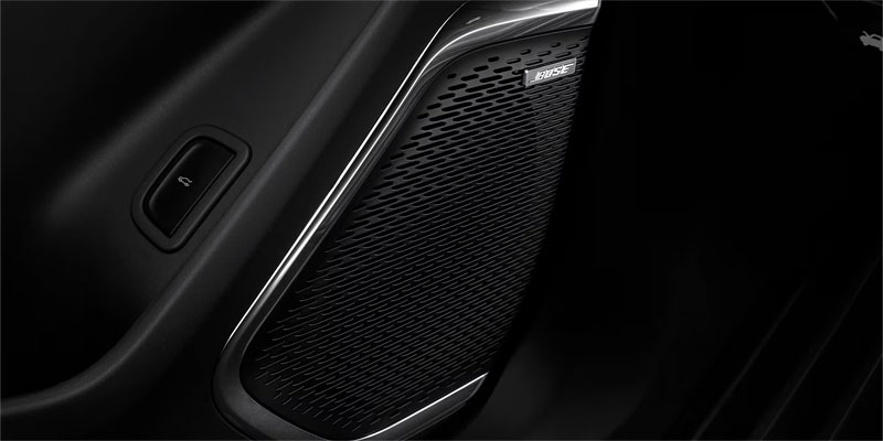 Close-up of a car's black interior, showing a Bose speaker grille and a trunk release button.